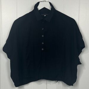 Lurdes Bergada Womens Blouse L Black 6 Button Close Collar Stretch Waist Boxy